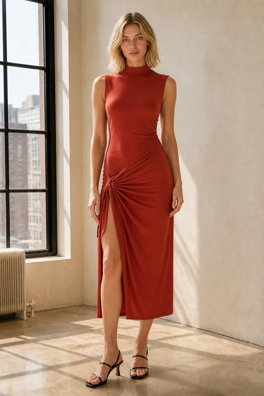 Model with a honey-blonde bob wearing the burnished paprika Ember sculpted wrap midi dress