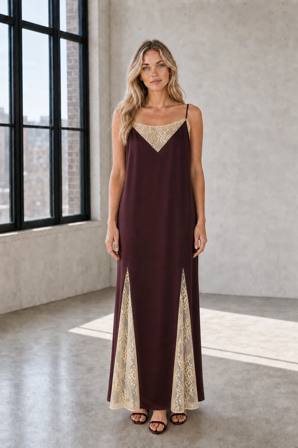 Long-haired blonde model wearing the burgundy Maren mulberry-silk maxi dress with ivory lace