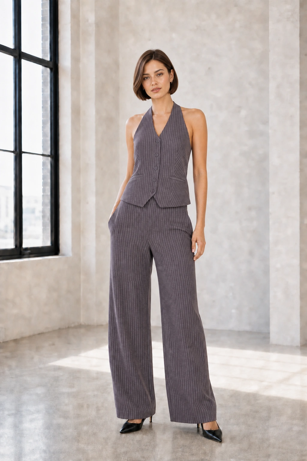 Short-haired brunette model wearing the grey Rue pinstripe halter vest and straight-leg trouser set