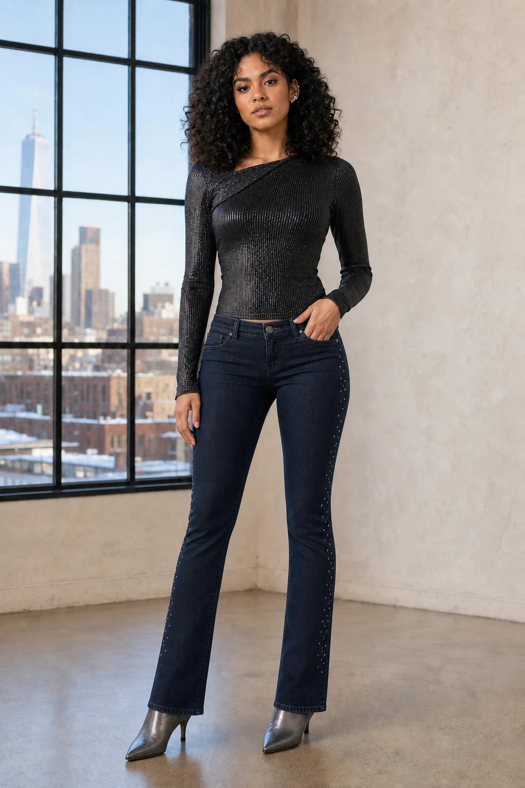Model wearing the ink-indigo Vesper mid-rise baby-bootcut jeans with gunmetal side studs